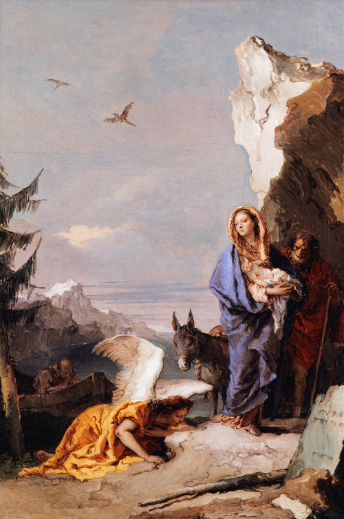 The Flight into Egypt by Giovanni Battista Tiepolo — An angel bows low as the Holy Family pauses by a mountain lake