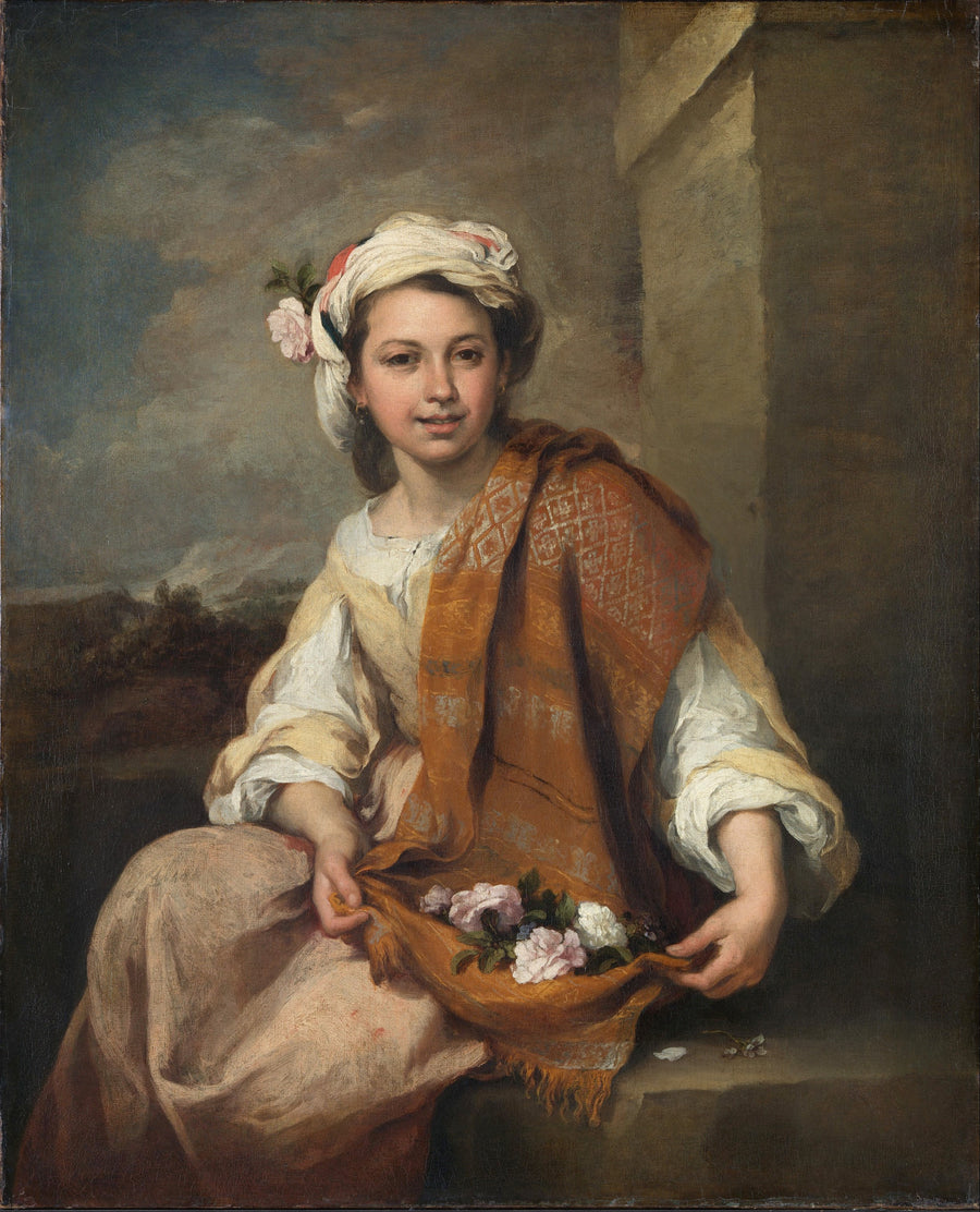 Bartolomé Esteban Murillo — The Flower Girl | Fine Art Print shown to scale on a wall above a sofa
