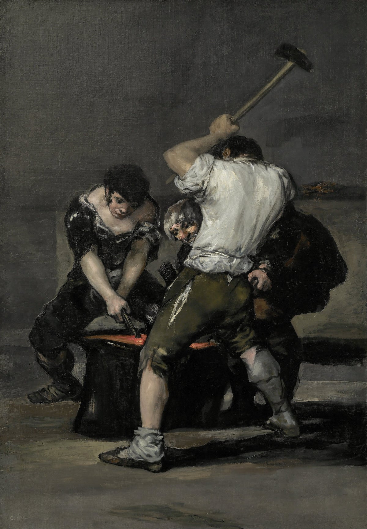 The Forge by Francisco de Goya — Three men hammer a red-hot strip of metal at an anvil