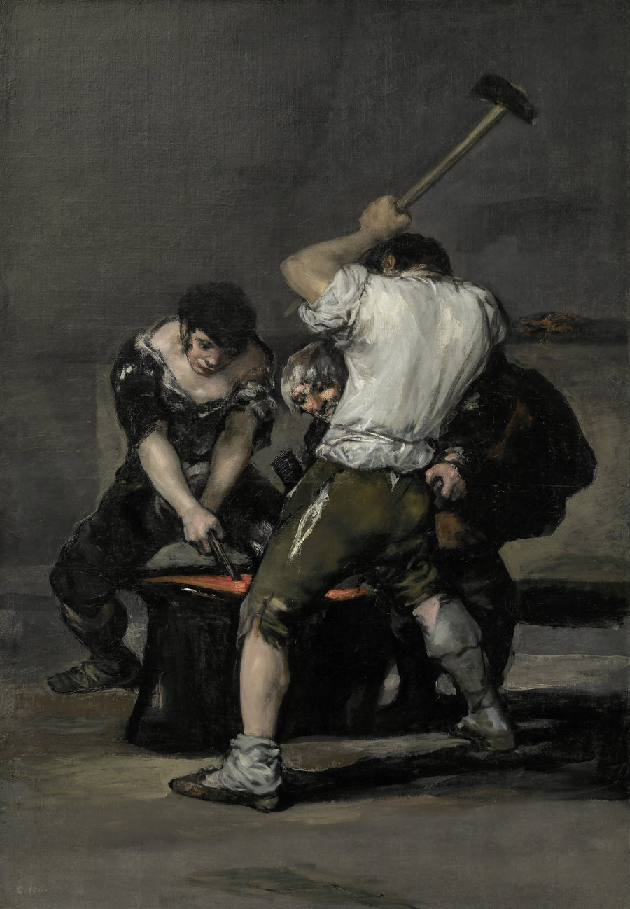 Francisco de Goya — The Forge | Fine Art Print shown to scale on a wall above a sofa