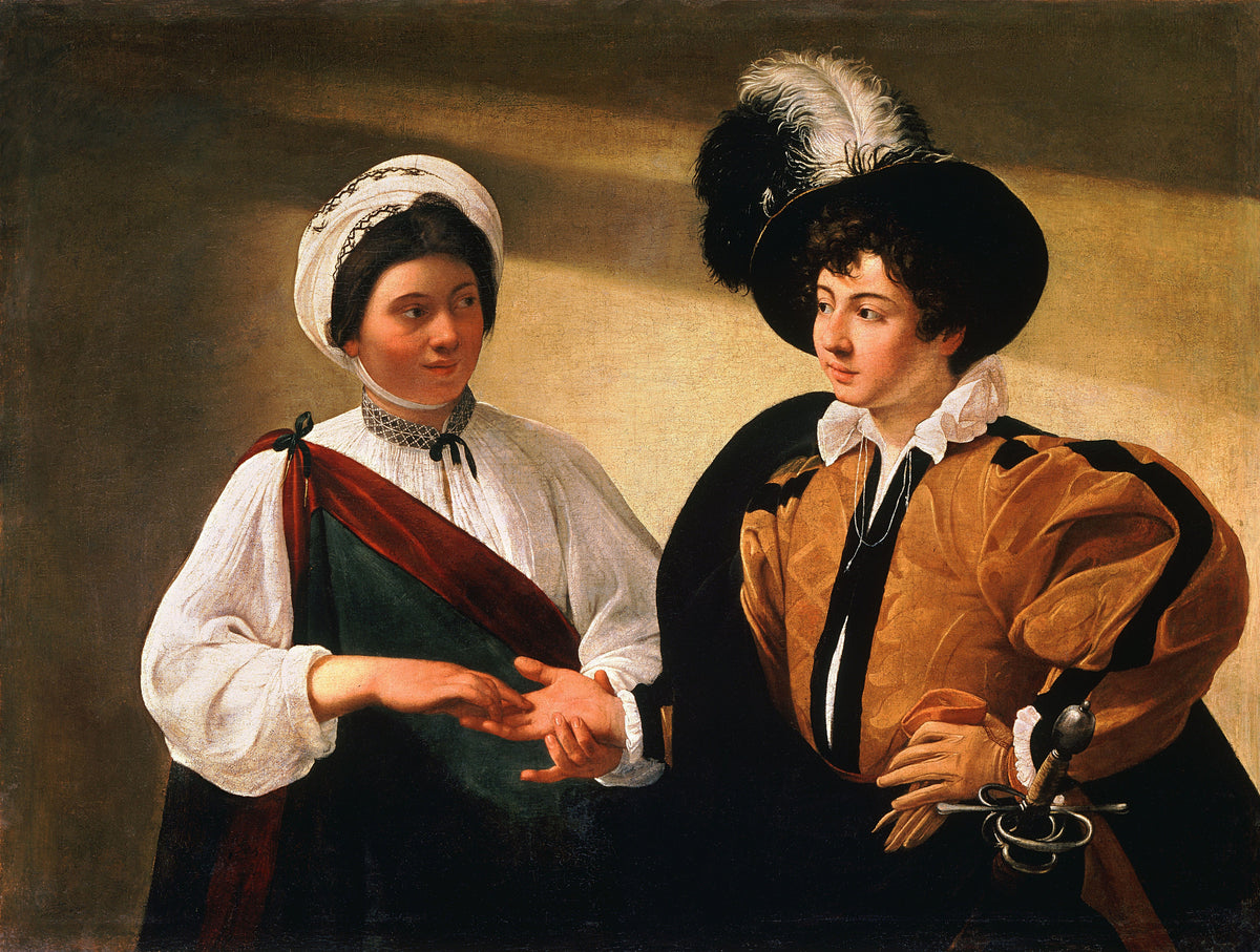 The Fortune Teller by Caravaggio — A young woman reads the palm of a plumed young man