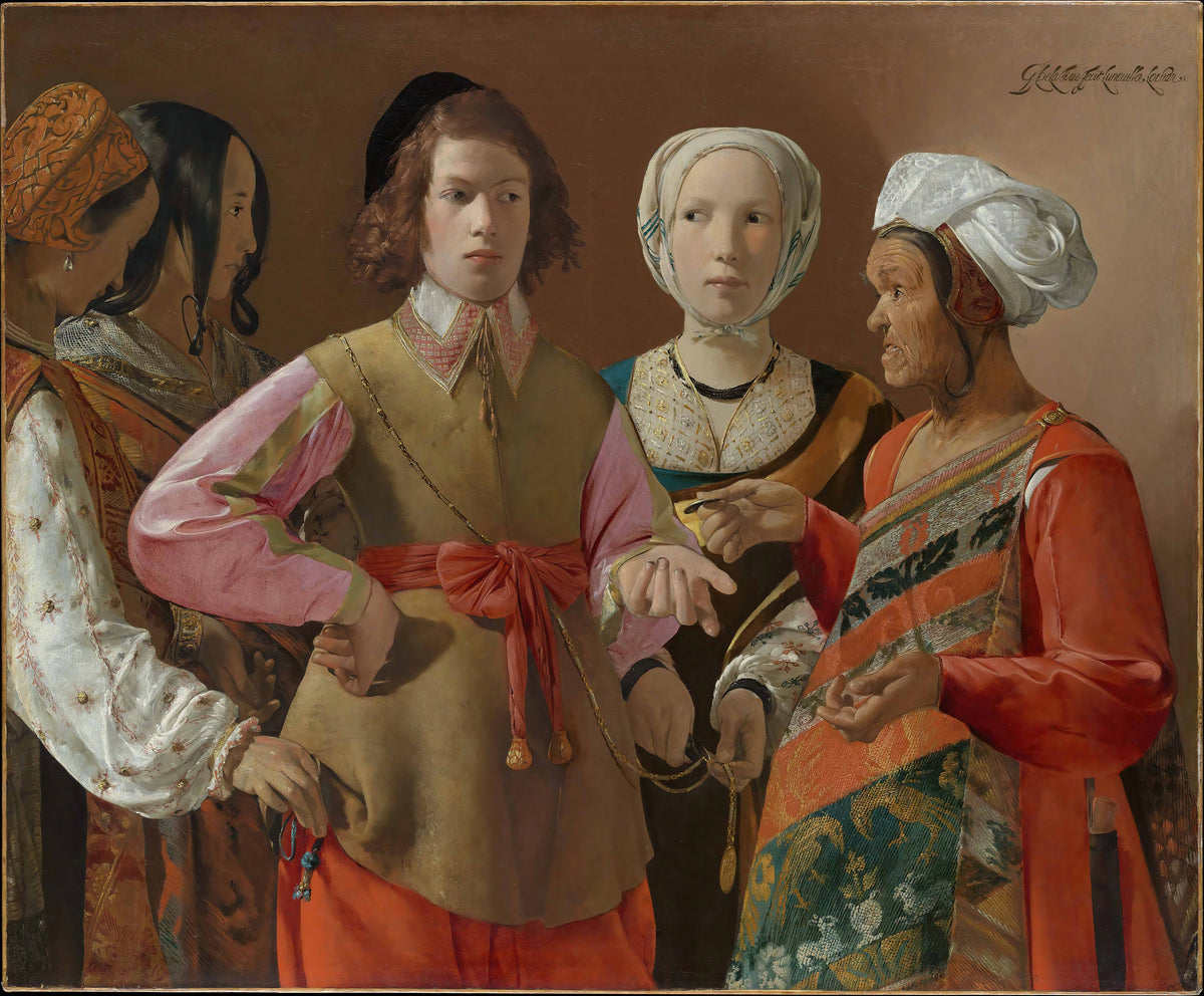 The Fortune-Teller by Georges de La Tour — Five figures press close as an old woman reads a palm