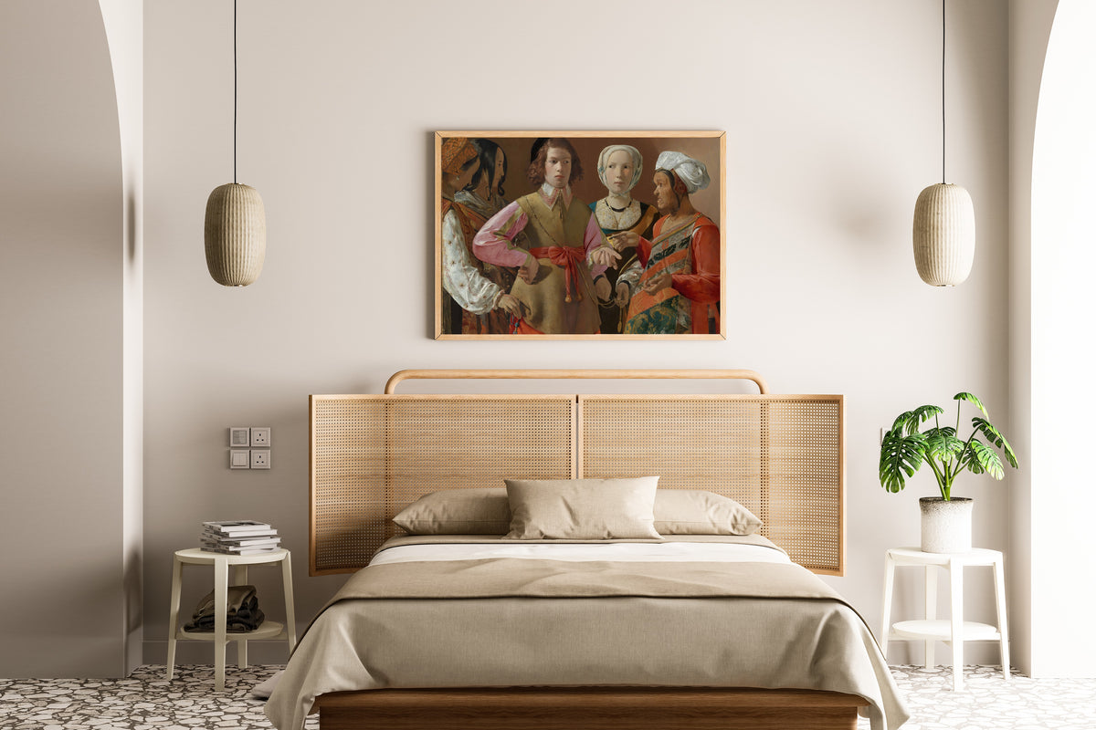 Framed art print of The Fortune-Teller by Georges de La Tour, above a cane-headboard bed