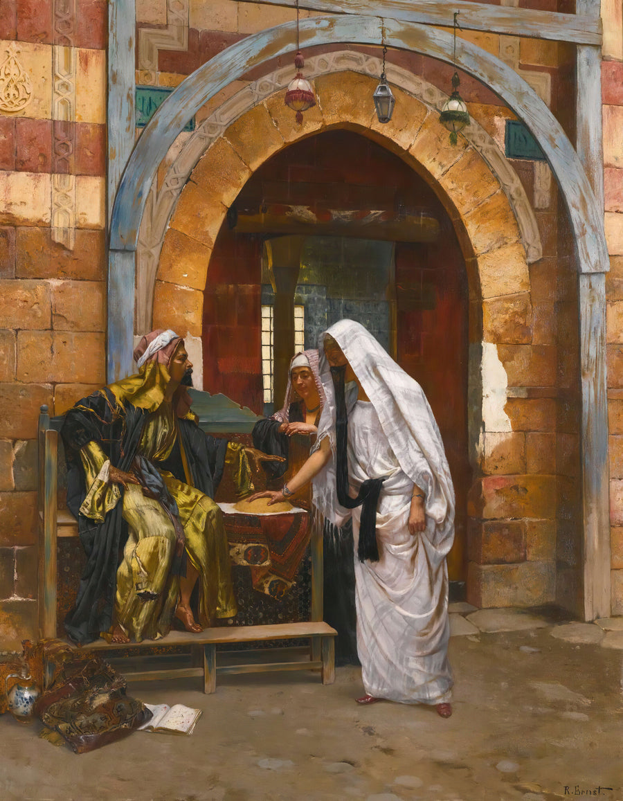 Rudolf Ernst — The Fortune Teller | Art Print shown to scale on a wall above a sofa