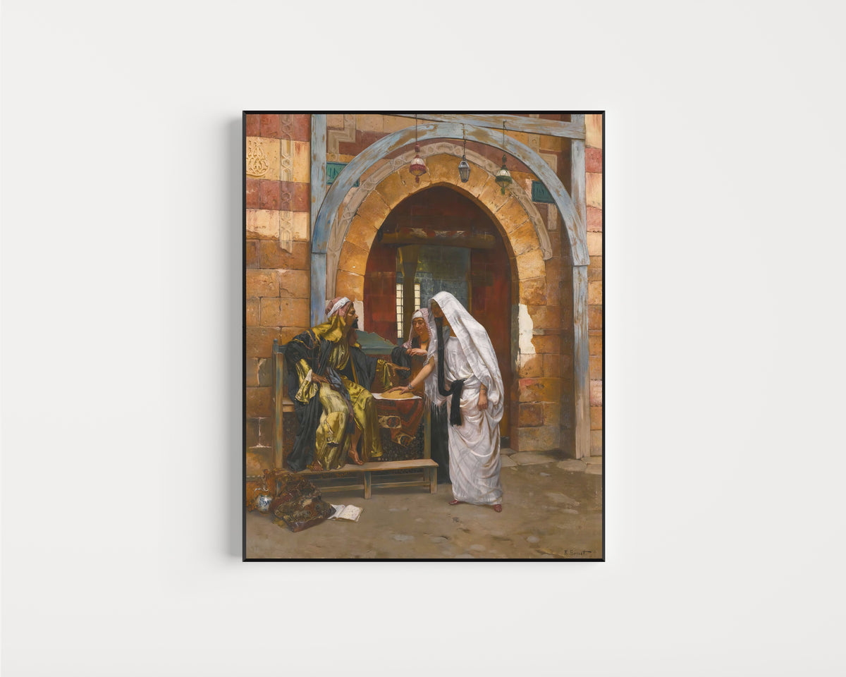 Framed art print of The Fortune Teller by Rudolf Ernst, in a slim black frame on a plain white wall