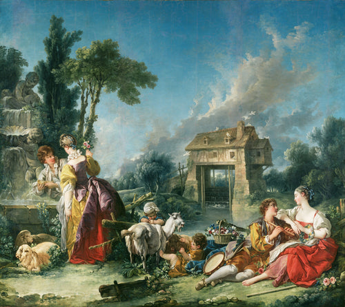 The Fountain of Love by François Boucher — Lovers, a goat and a mill gather around a garden fountain