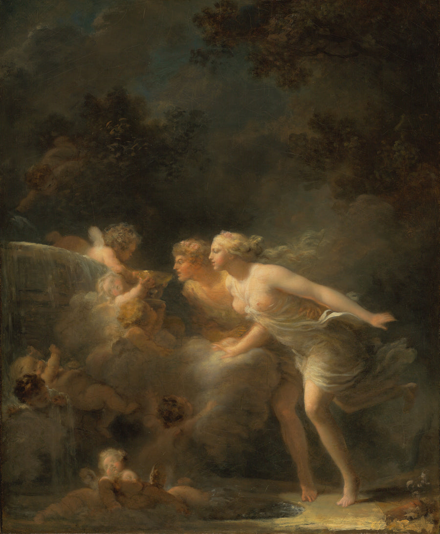 Jean-Honoré Fragonard — The Fountain of Love | Fine Art Print shown to scale on a wall above a sofa