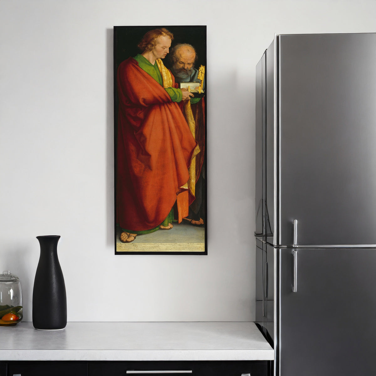 Framed art print of The Four Apostles: St John and St Peter by Albrecht Dürer, on a kitchen wall