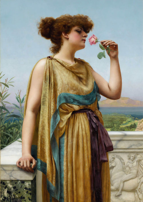 The Fragrant Rose by John William Godward — A woman in an ochre gown breathes in a pink rose on a marble terrace