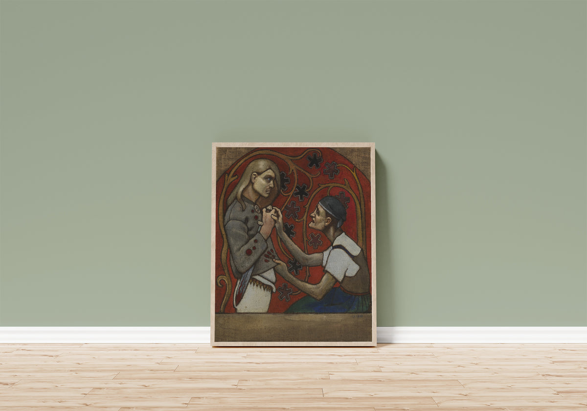 Framed art print of The Fratricide by Akseli Gallen-Kallela, in a light wood frame leaning on a sage green wall above a wooden floor