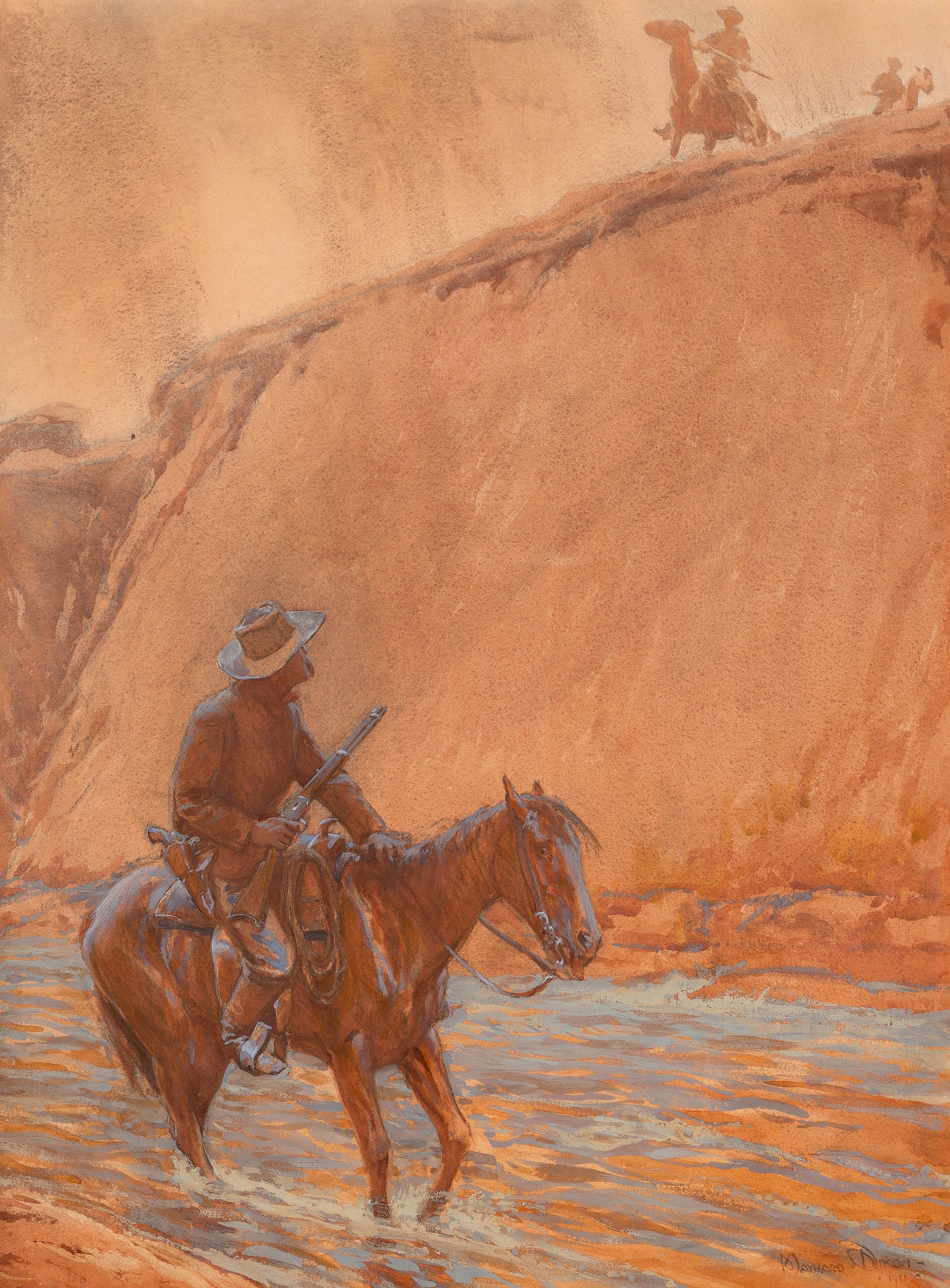 Maynard Dixon — The Fugitive’s Horse Plunged into the Deep Water | Western Illustration Print