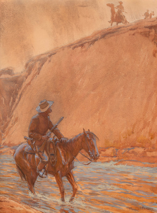 The Fugitive’s Horse Plunged into the Deep Water by Maynard Dixon — A horseman in a shallow river looks up at riders on the bluff