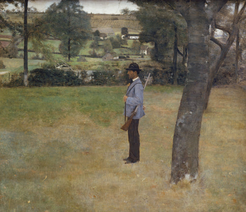 The Game Warden by Fernand Khnopff — A game warden with a rifle stands still in a quiet green meadow