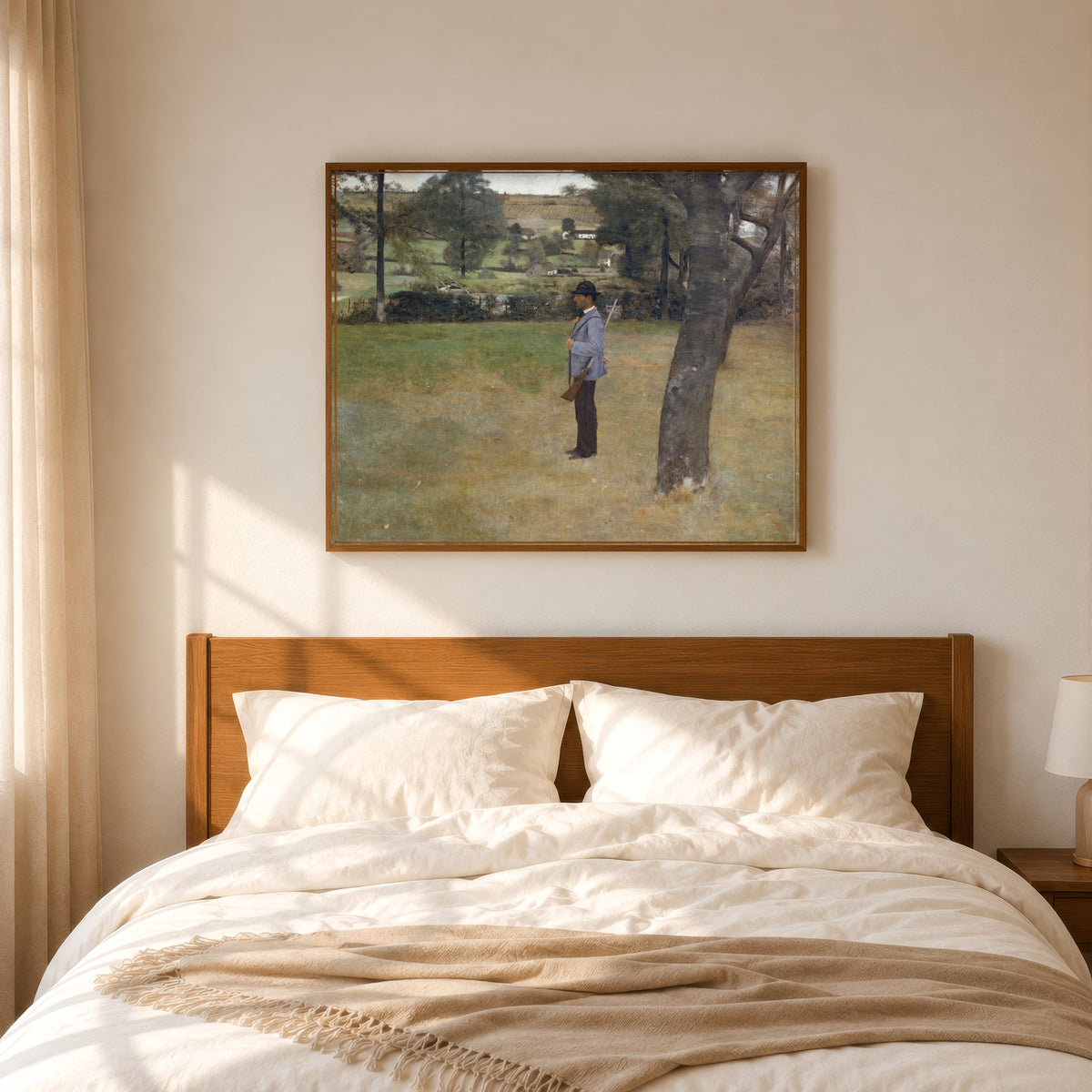 Framed art print of The Game Warden by Fernand Khnopff, in a slim wood frame above a bed in a sunlit bedroom