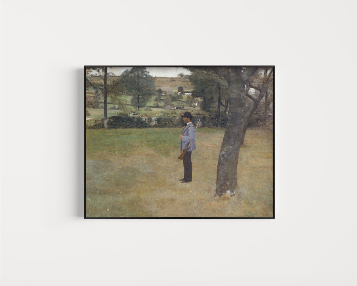 Framed art print of The Game Warden by Fernand Khnopff, in a slim black frame on a plain white wall