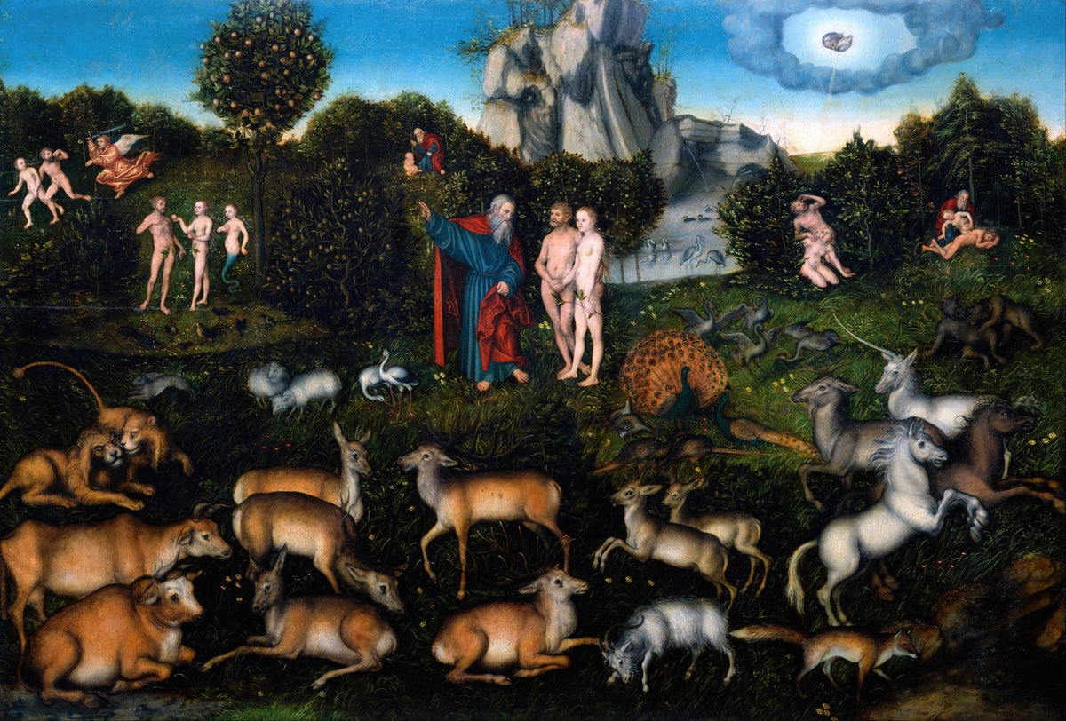The Garden of Eden by Lucas Cranach the Elder — Animal pairs fill a green paradise around Adam and Eve