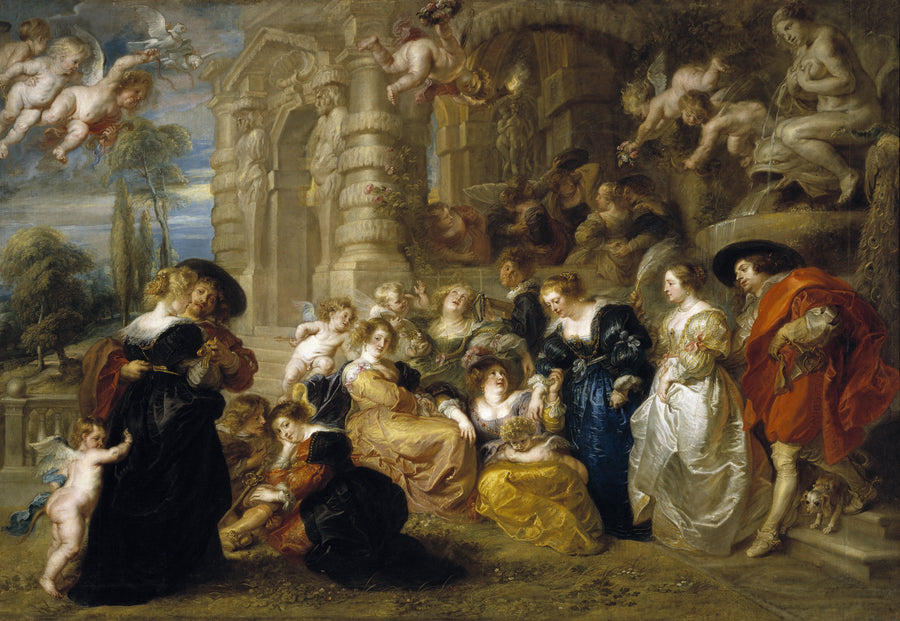 Peter Paul Rubens — The Garden of Love | Fine Art Print shown to scale on a wall above a sofa