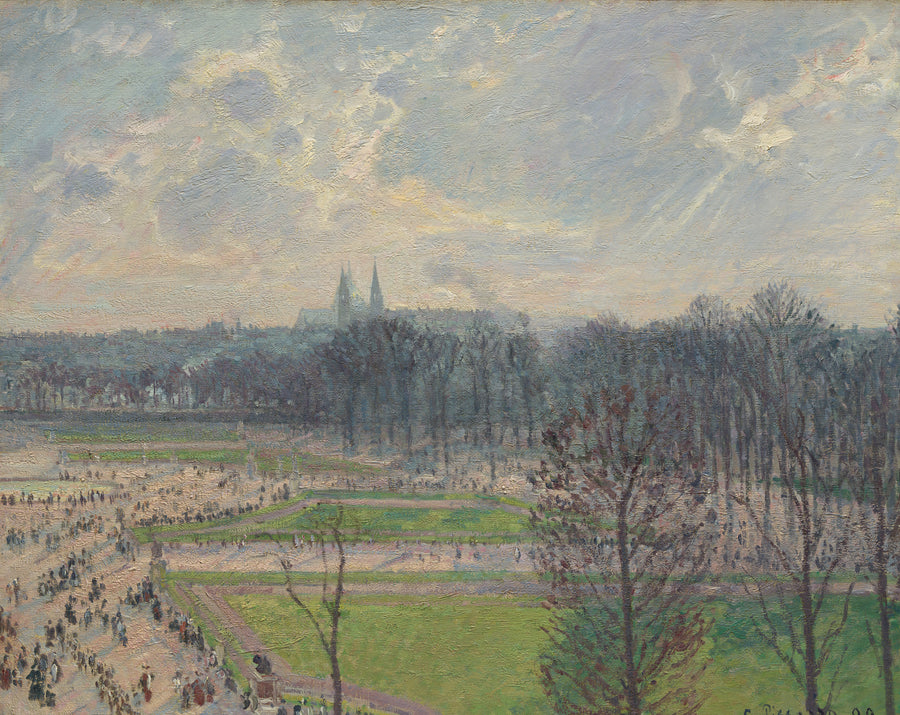 Camille Pissarro — The Garden of the Tuileries on a Winter Afternoon | Fine Art Print shown to scale on a wall above a sofa