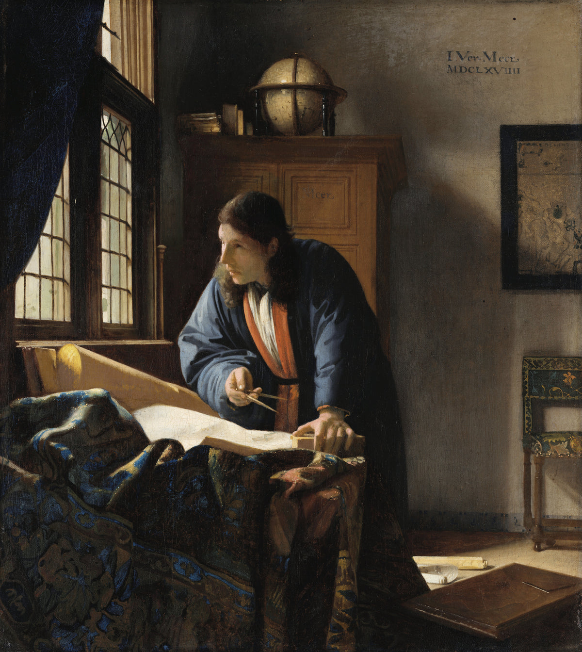 The Geographer by Johannes Vermeer — A geographer pauses at his window, dividers in hand