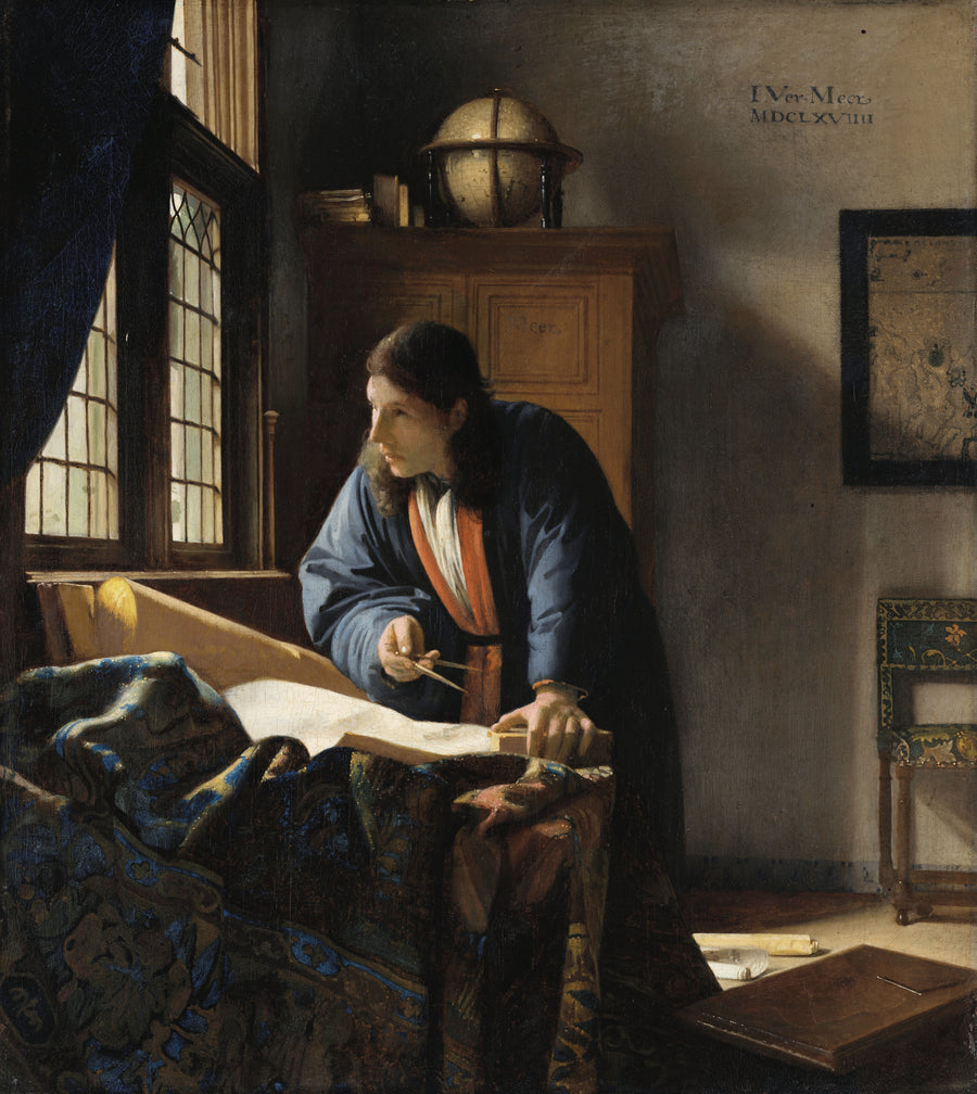 Johannes Vermeer — The Geographer | Fine Art Print shown to scale on a wall above a sofa
