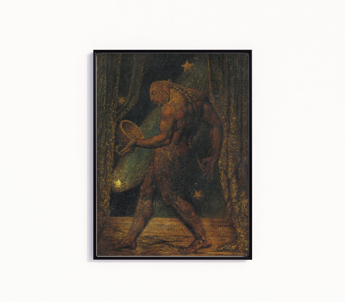 Framed art print of The Ghost of a Flea by William Blake, in a slim black frame on a plain white wall