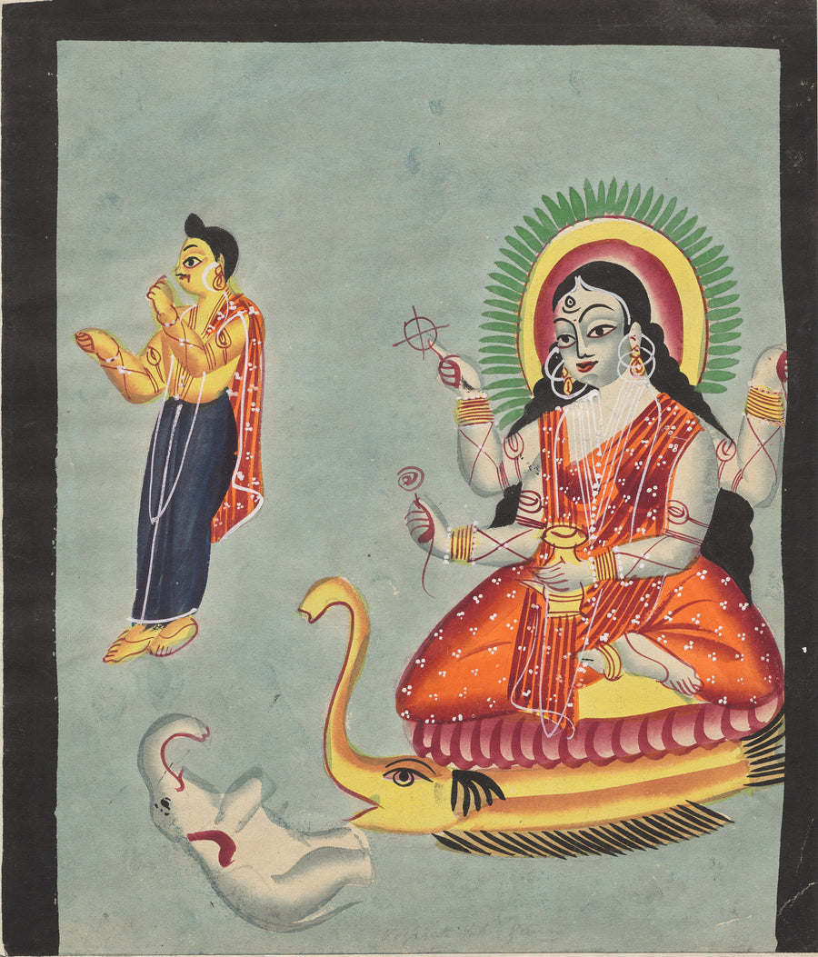 Kalighat painter — The Goddess Ganga, from a Kalighat album | Kalighat Painting Print shown to scale on a wall above a sofa