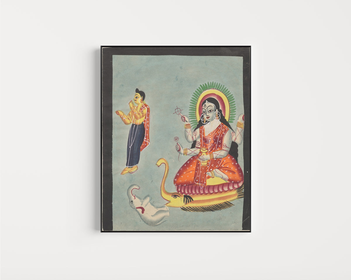 Framed art print of The Goddess Ganga, from a Kalighat album by Kalighat painter, in a slim black frame on a plain white wall