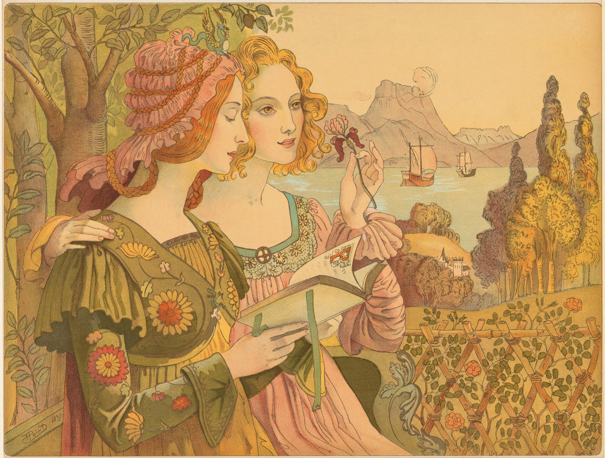 The Golden Legend by Armand Point — A red-haired woman reads as her blonde companion lifts a flower