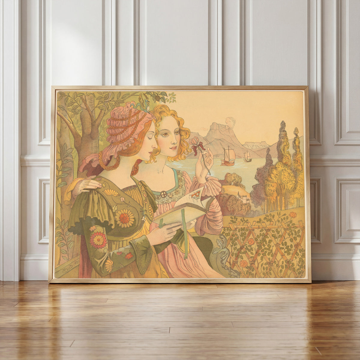 Framed art print of The Golden Legend by Armand Point, in a light wood frame leaning against a panelled white wall