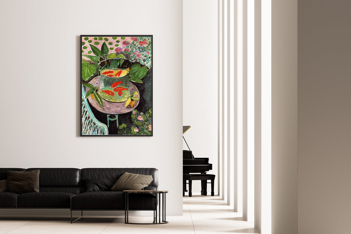 Framed art print of The Goldfish by Henri Matisse, on the wall of a minimal living room