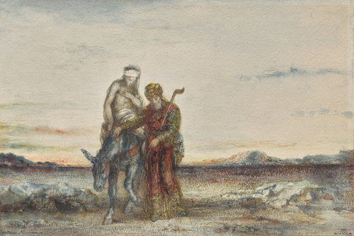 The Good Samaritan by Gustave Moreau — A turbaned traveller steadies a wounded man on his donkey