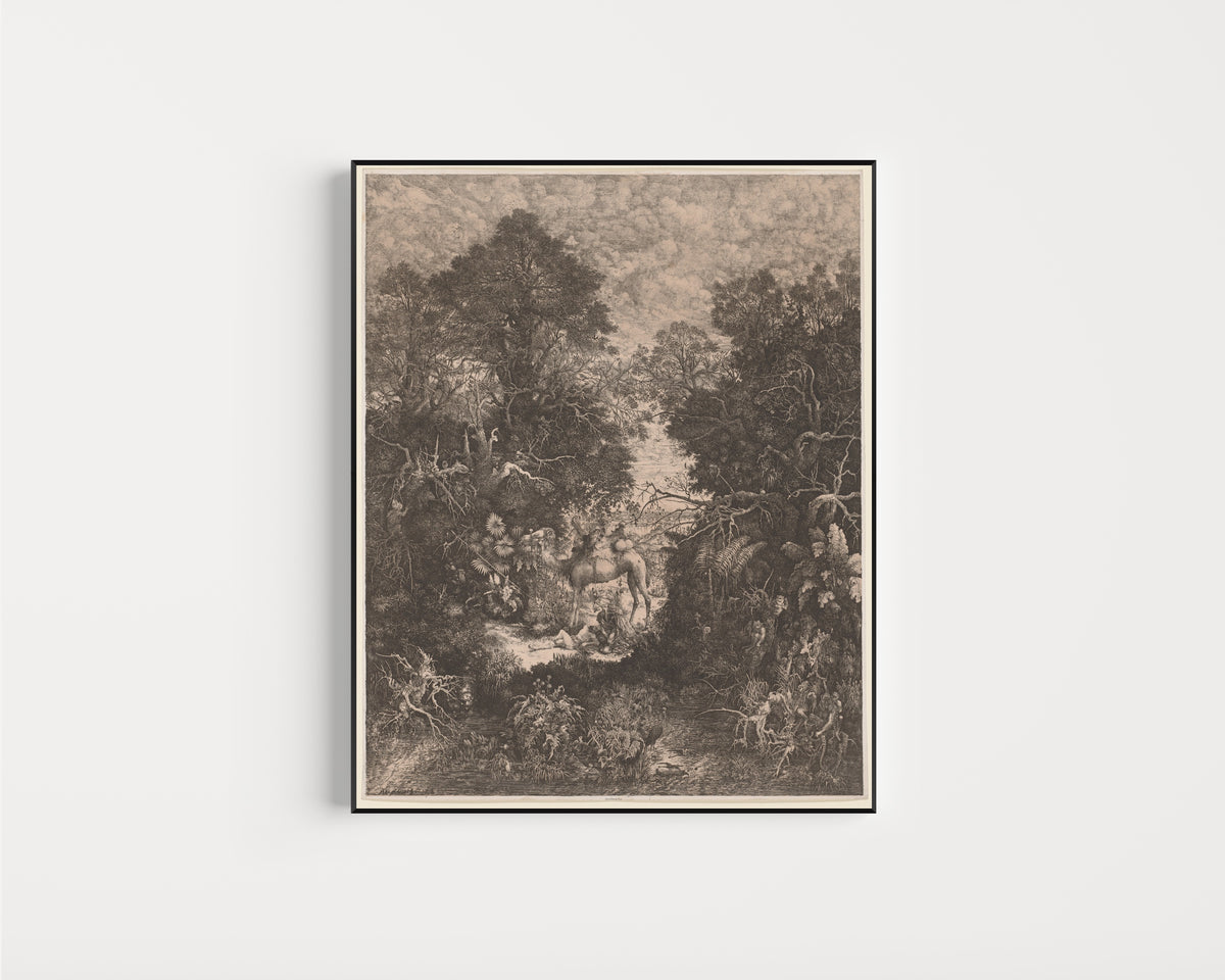 Framed art print of The Good Samaritan by Rodolphe Bresdin, in a slim black frame on a plain white wall