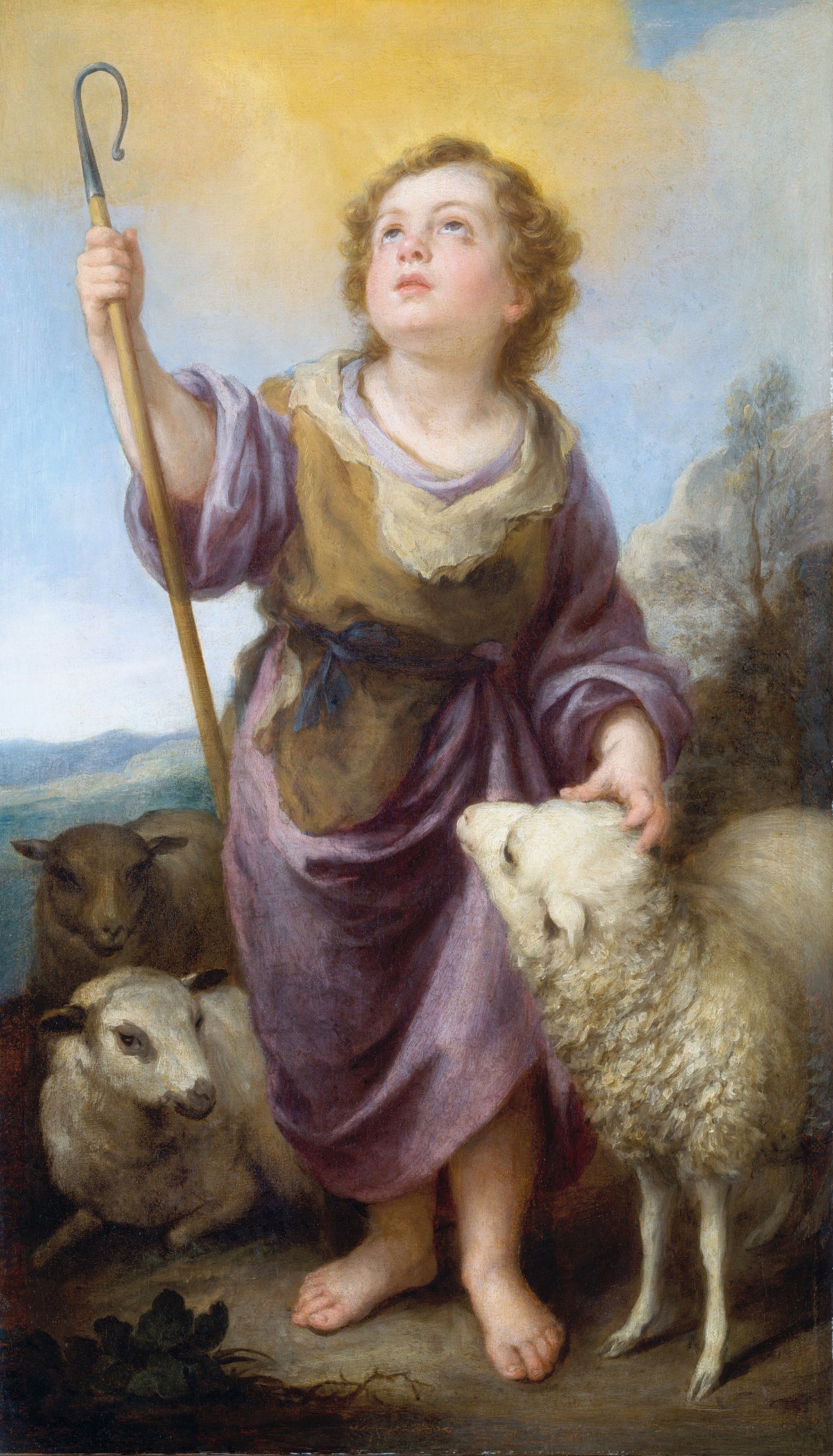 The Good Shepherd by Bartolomé Esteban Murillo — A barefoot child with a crook and three sheep under a golden sky