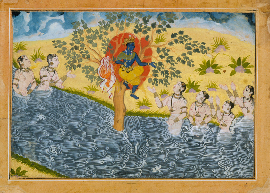Bikaner school — The Gopis Plead with Krishna to Return Their Clothing | Indian Miniature Painting Print shown to scale on a wall above a sofa