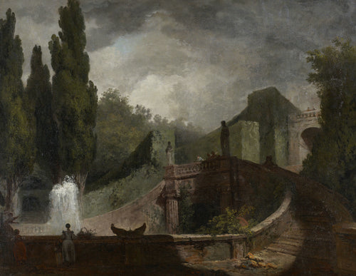 The Grand Staircase of the Villa d’Este at Tivoli by Jean-Honoré Fragonard — A curving stair and dark cypresses under gathering cloud