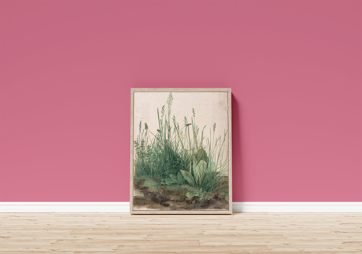 Framed art print of The Great Piece of Turf by Albrecht Dürer, in a light wood frame leaning on a pink wall above a wooden floor