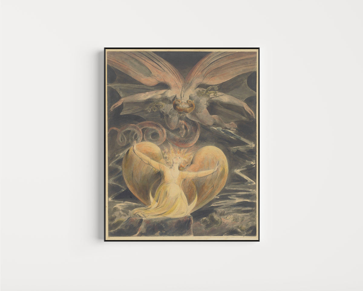 Framed art print of The Great Red Dragon and the Woman Clothed with the Sun by William Blake, in a slim black frame on a plain white wall