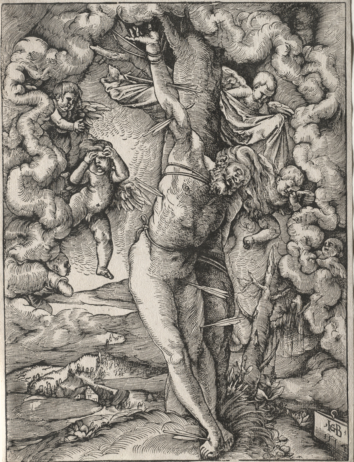 The Great Saint Sebastian by Hans Baldung Grien — Sebastian stands bound to a tree among weeping winged infants
