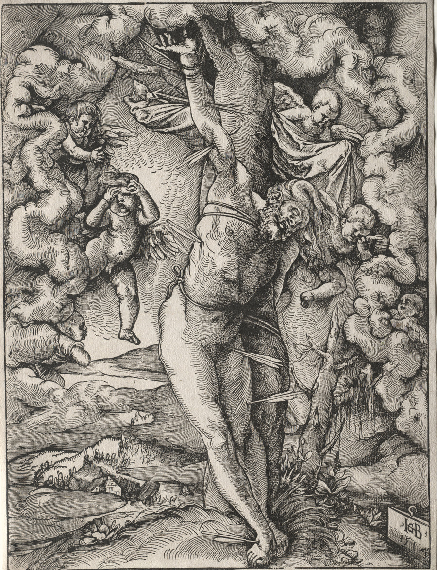Hans Baldung Grien — The Great Saint Sebastian | Woodcut Print shown to scale on a wall above a sofa
