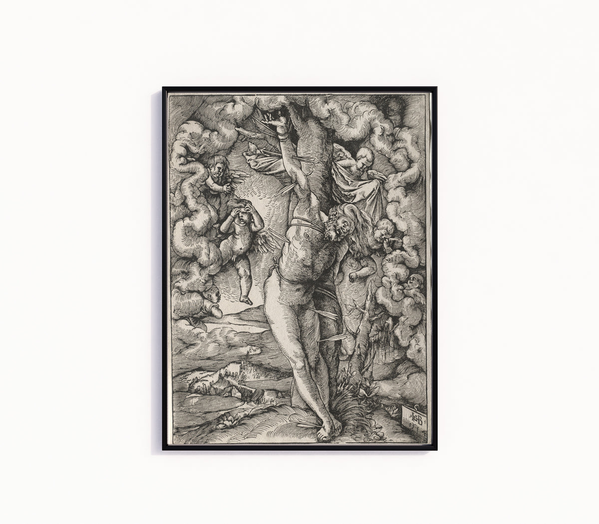 Framed art print of The Great Saint Sebastian by Hans Baldung Grien, in a slim black frame on a plain white wall