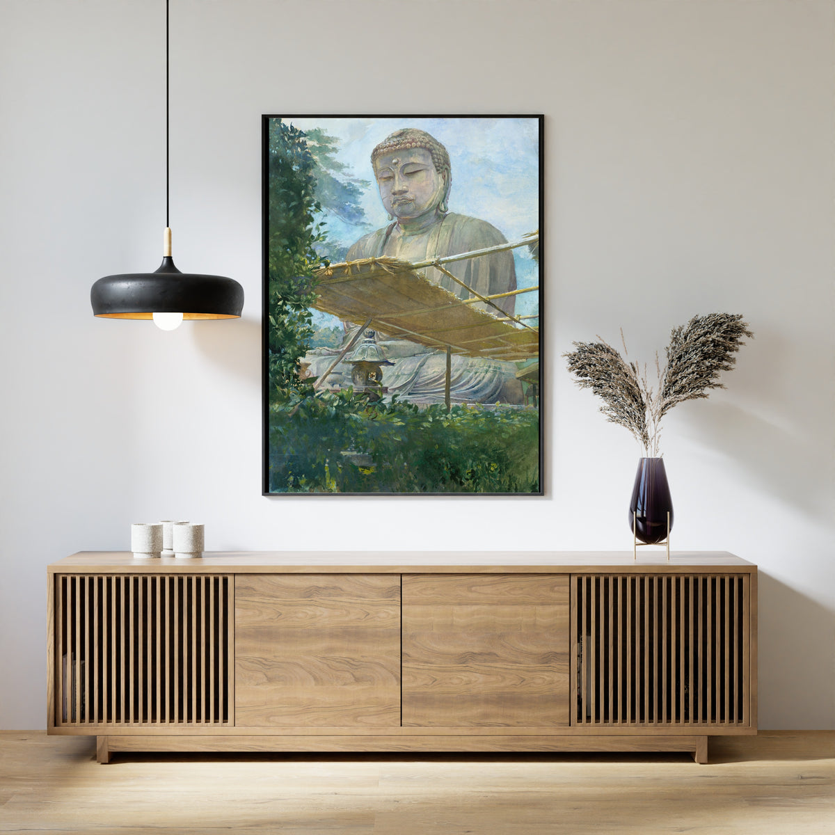 The Great Statue of Amida Buddha at Kamakura by John La Farge — framed above a slatted wood sideboard
