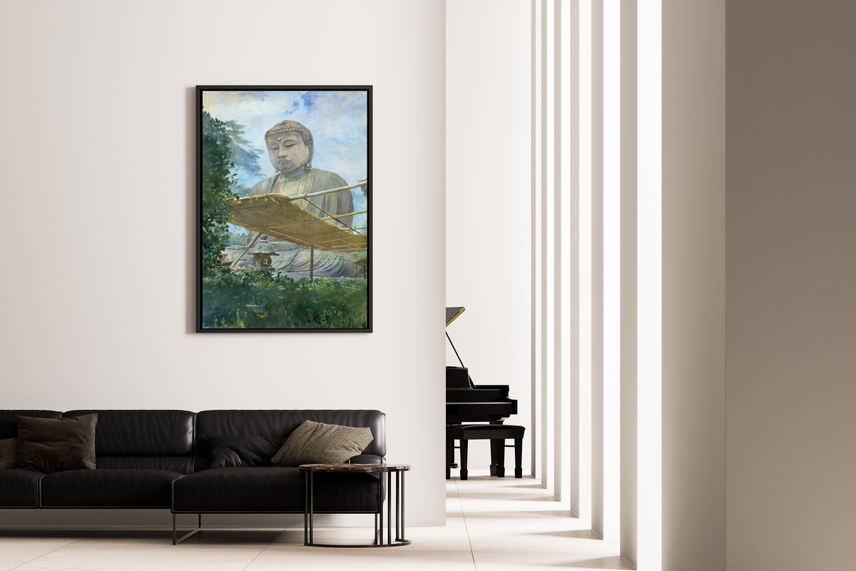 The Great Statue of Amida Buddha at Kamakura by John La Farge — framed on the wall of a minimal living room