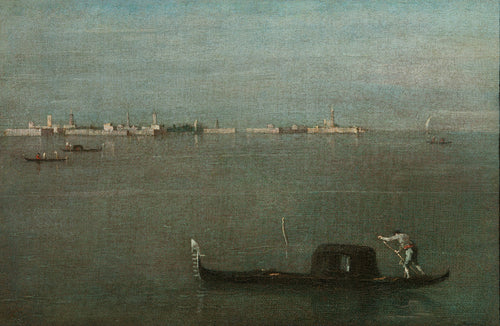 The Grey Lagoon (Gondolas on the Lagoon) by Francesco Guardi — A lone gondolier poles across a pewter-grey lagoon