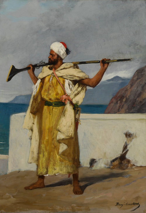 The Guard by Jean-Joseph Benjamin-Constant — A guard rests a long gun on his shoulders above a blue sea