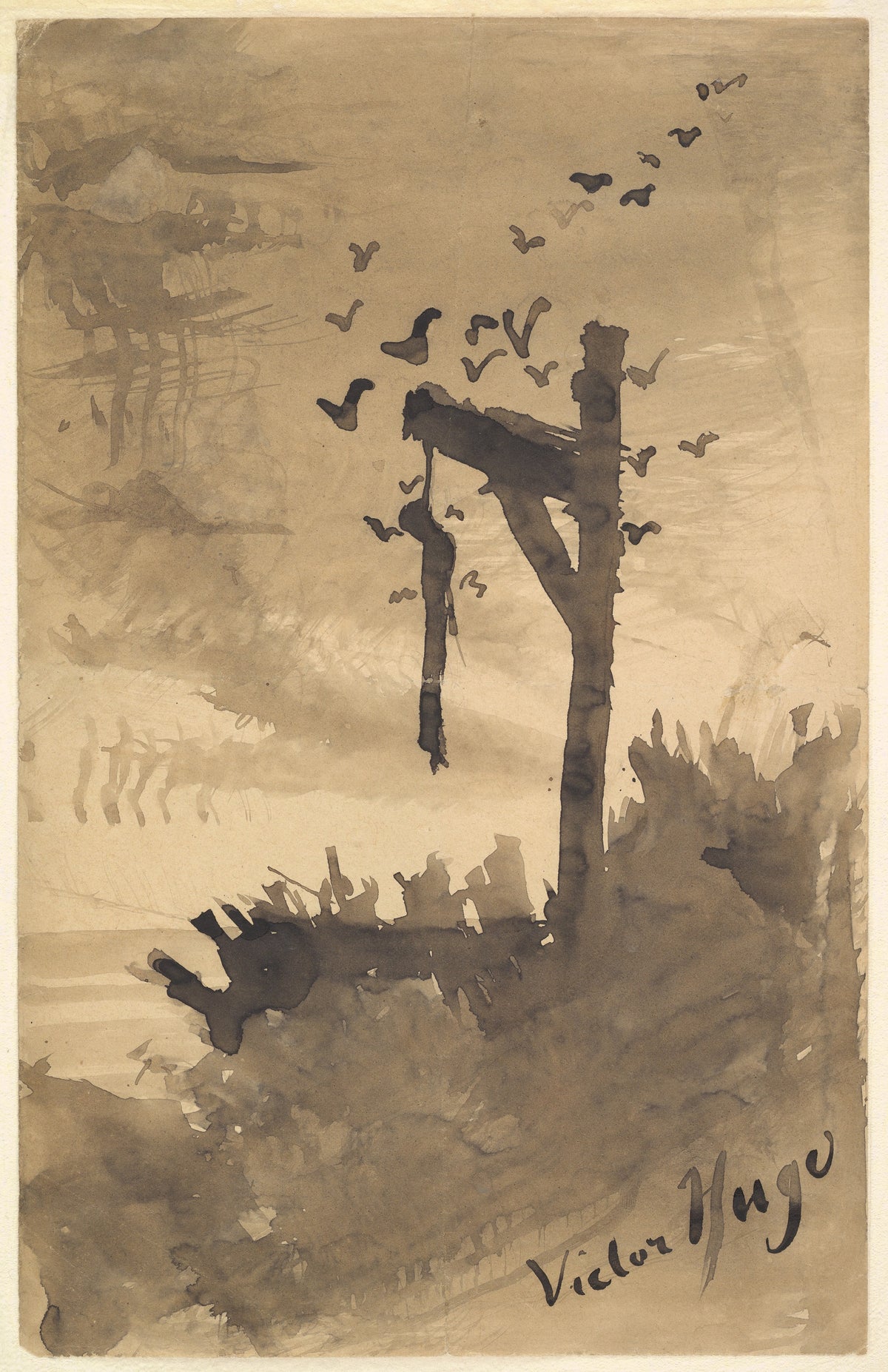 The Hanged Man by Victor Hugo — A body hangs from a gallows as black birds wheel overhead