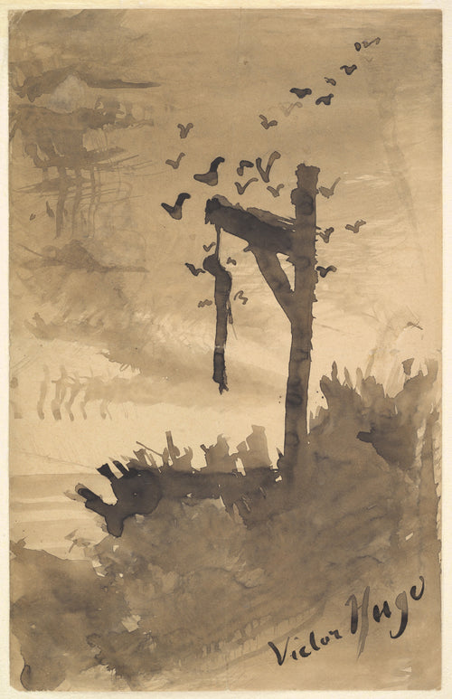 The Hanged Man by Victor Hugo — A body hangs from a gallows as black birds wheel overhead