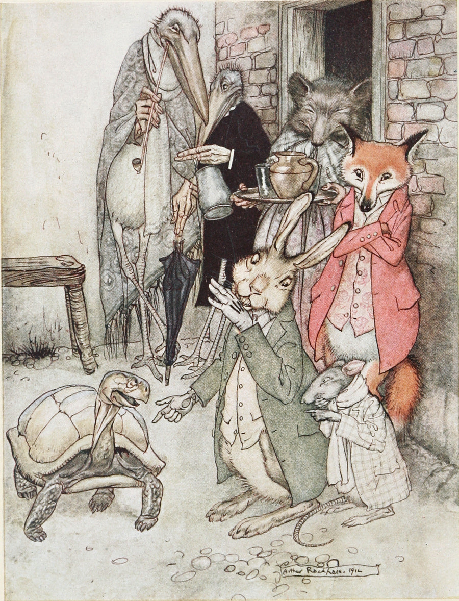 Arthur Rackham — The Hare and the Tortoise | Fable Illustration Print shown to scale on a wall above a sofa