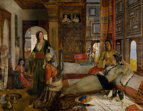 The Harem by John Frederick Lewis — Women rest by sunlit lattice windows in a carved wooden interior