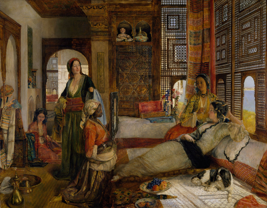 John Frederick Lewis — The Harem | Art Print shown to scale on a wall above a sofa