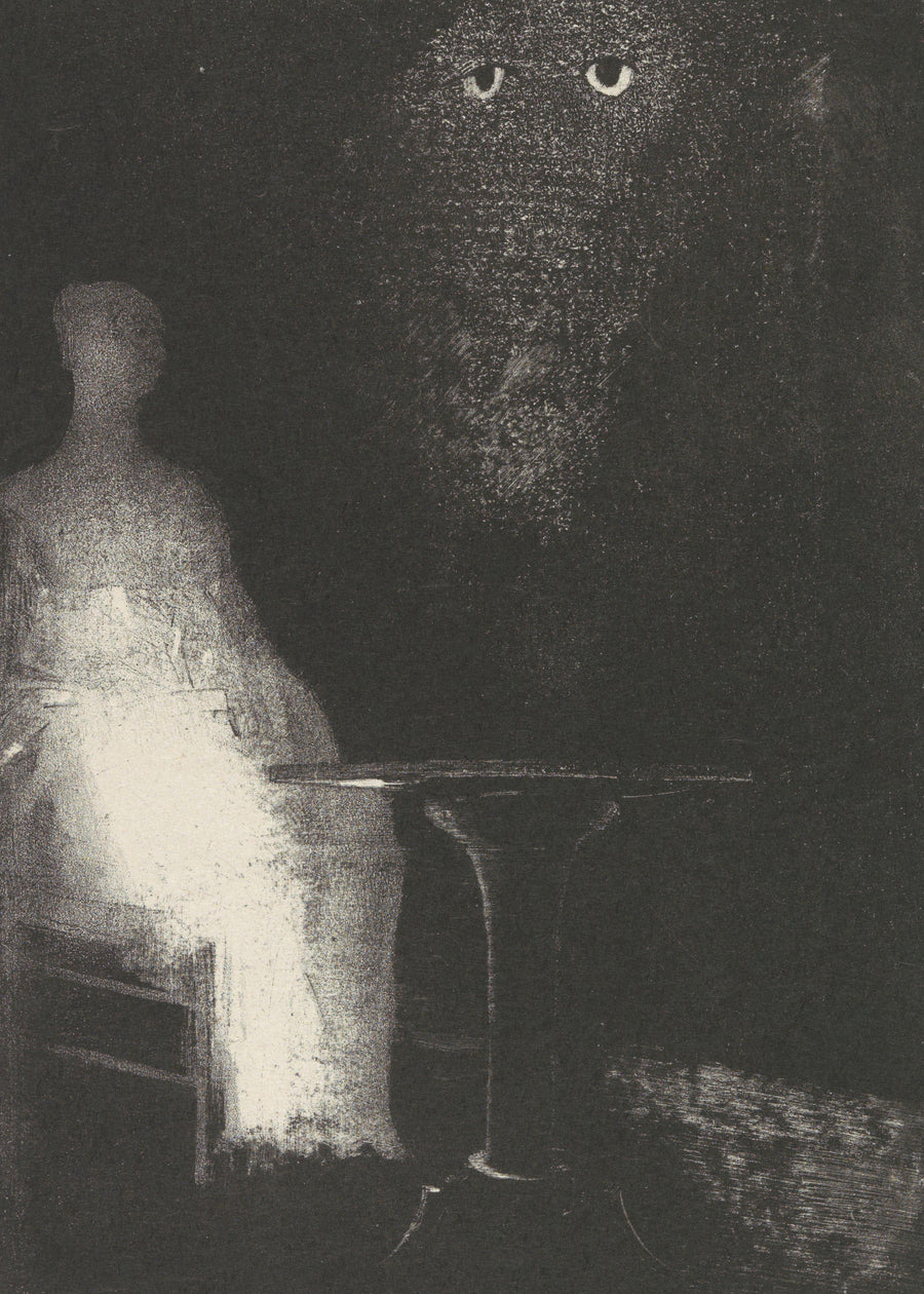 Odilon Redon — The Haunted House: Below, I Saw the Vaporous Contours of a Human Form | Symbolist Art Print shown to scale on a wall above a sofa